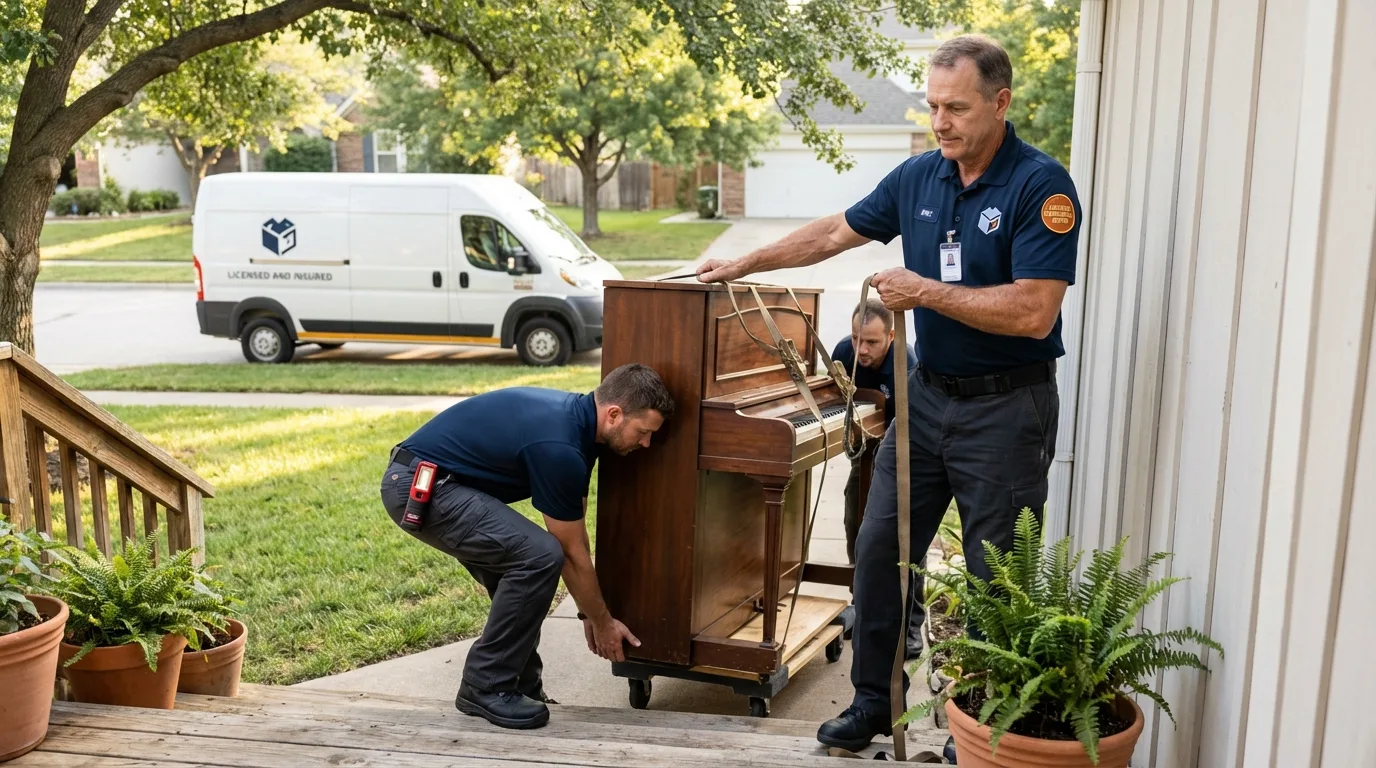 Licensed piano movers securing grand piano in Niagara Falls, NY