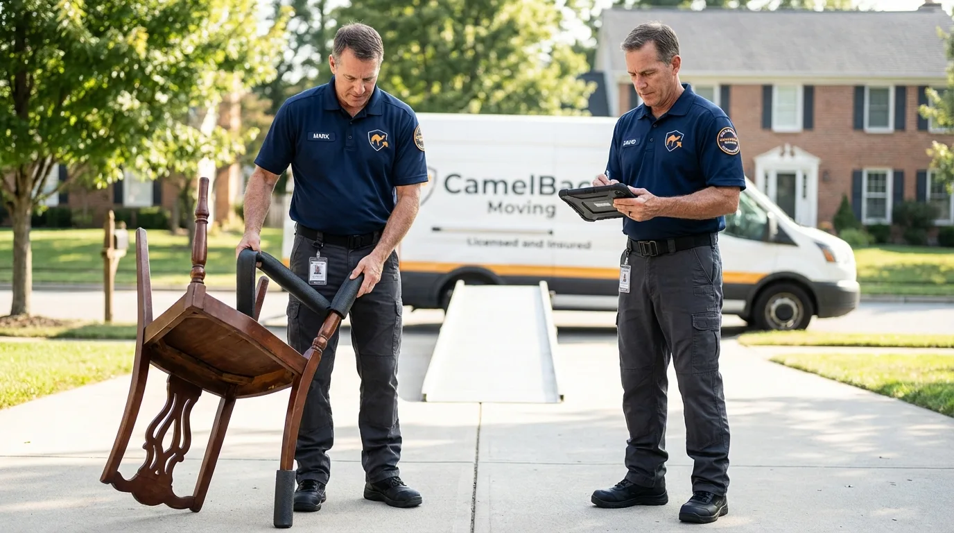 Movers inspecting furniture for damage prevention before loading in Niagara Falls, NY