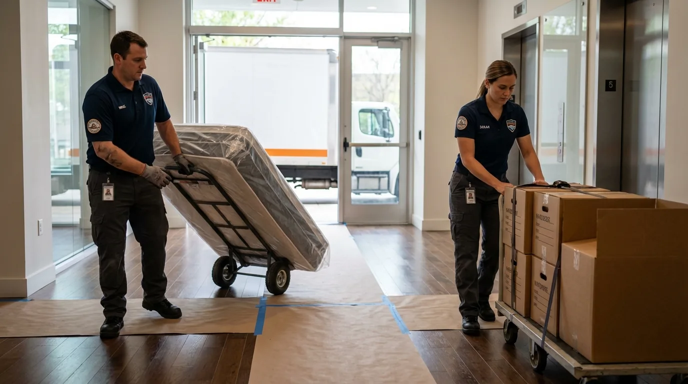 Professional apartment movers loading elevator in Niagara Falls, NY